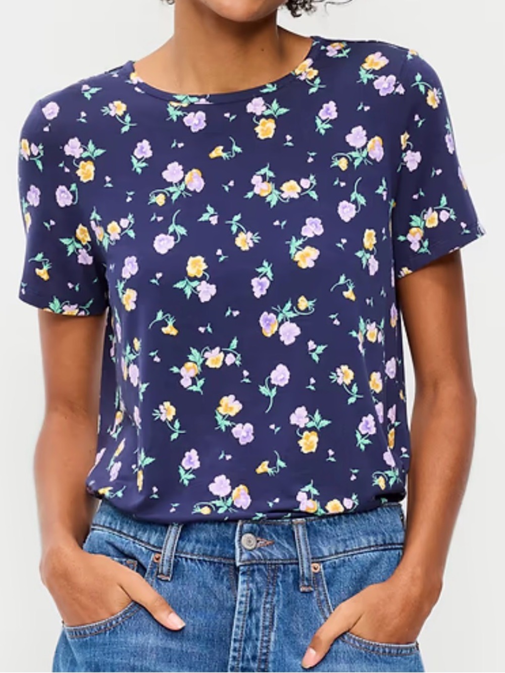 OLD NAVY Women's Luxe Crew-Neck T-Shirt-Navy Blue Floral Size Medium Tall NWT
